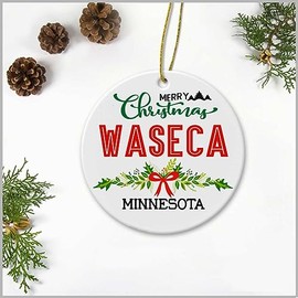 Merry Christmas Waseca Minnesota Ornament - Plastic Round Decoration Ornament Keepsake Christmas Tree Decor Housewarming Gifts Ideas for Friends, Family Members, Couples and Newlywed