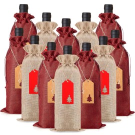 Pack of 12 Jute Wine Bags, Reusable Hessian Wine with 30 Gift Tags, Wine Bag with Drawstring, Wine Bag for Wine, Champagne, Wedding, Christmas Party