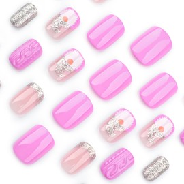 Christmas Press on Nails Short Square Fake Nails with Christmas Cap Design Glue on Nails Sliver Glitter False Nails 3D Pink Acrylic Nails Glossy Full Cover Stick on Nails for Women Manicure Xmas 24Pcs