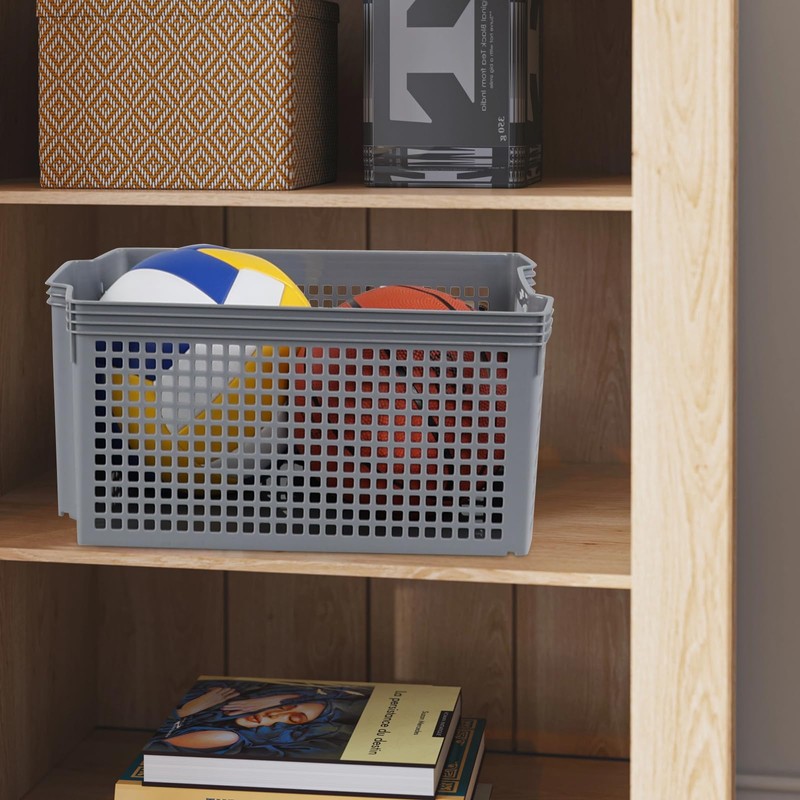 Gitany 2 Pack Plastic Stackable Basket, Large Storage Basket, Grey