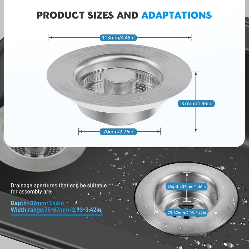 Stainless Steel Sink Plug & Drain Strainer Set - Rustproof,