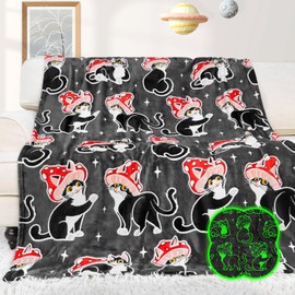 HWING Glow in The Dark Black Cat Blanket - Girl Birthday Gifts for Cat Lovers Women Teens Adults - Mushroom Decor Gifts for Women