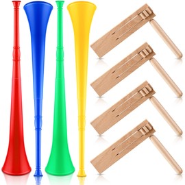Outus 8 Pcs Noise Makers for Sporting Events 4 Collapsible Stadium Horn 26 Inch Vuvuzela Plastic Trumpet Horn 4 Mexicanas Noise Ratchet Wooden Spinning Ratchet for Sports Party Favors