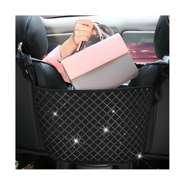 zipelo Bling Car Net Pocket Handbag Holder, Rhinestone Vehicle Backseat Purse Organizer Between Seats, Diamond Hanging Storage Bag Barrier of Pet Kids, Universal Automotive Accessories (Black)