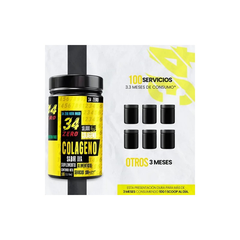 34 Zero Colágeno Hidrolizado 1kg Polvo Sabores 200 Servicios
