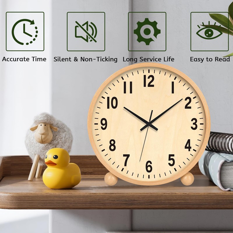 Maxspace Wooden Table Clock,8in Silent Non-Ticking Desk Clock,Battery Operated Desktop