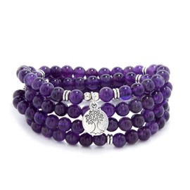 Handmade 108 Stone Mala Beads with Tree of Life Charm - Wear as Necklace or Bracelet (Amethyst)