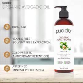 PURA D'OR 16 Oz ORGANIC Avocado Oil - 100% Pure & Natural USDA Certified Cold Pressed Carrier Oil For DIY Beauty, Non-Greasy, Unscented, Hexane Free Liquid Moisturizer - Face Skin & Hair - Men & Women