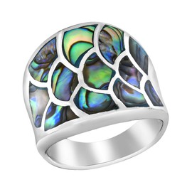 AeraVida Captivating Rainbow Fish Tail Abalone Shell Wide Band .925 Sterling Silver Ring (7) | Elegant Abalone Shell Sterling Silver Jewelry for Women