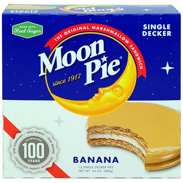 MoonPie Single Decker Banana Marshmallow Sandwich - 2oz, 12Count Box (Pack of 8 Boxes, 96Count Total) | Banana Covered Graham Cracker & Marshmallow Pie
