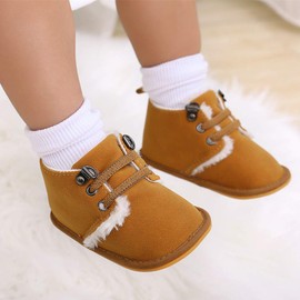 LAFEGEN Newborn Baby Booties Boys Girls Shoes Warm Winter Faux Fur Lining Non-Slip Lace Up Infant Toddler First Walker Crib Boots, 6-12 Months Infant, 02 Light Brown