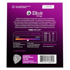Cuerdas de guitarra acústica Elixir Strings de bronce fosforado con recubrimiento NANOWEB, calibre ligero (.012-.053)