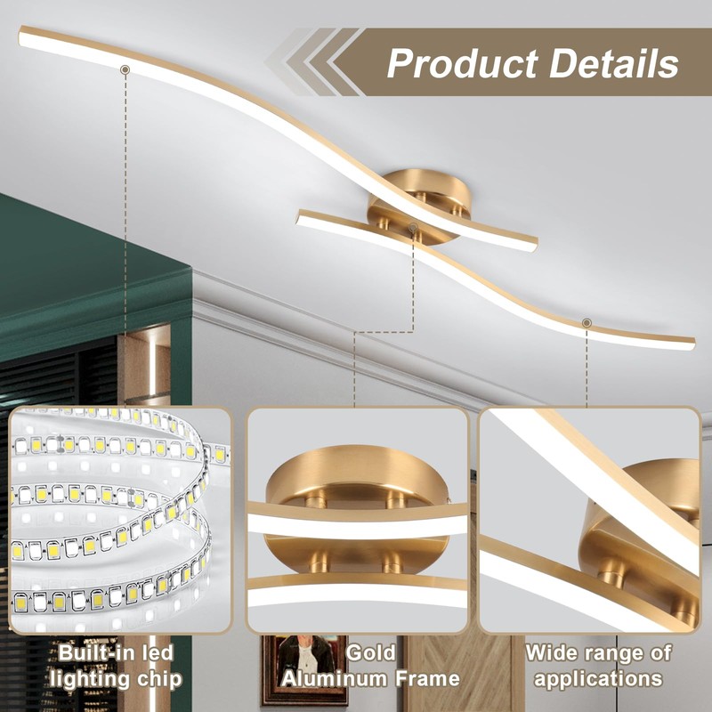 HLILCEH 28W Gold Linear Ceiling Light Gold Modern LED Ceiling