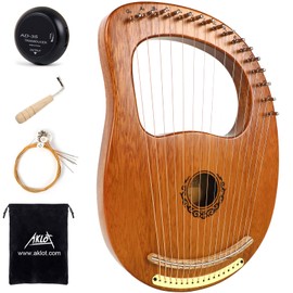 Lyre Harp, AKLOT 16 Metal Strings Maple Saddle Mahogany Body Lyra Harp with Carved Note Tuning Wrench Pick up Strings and Black Gig Bag
