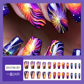 Long Press on Nails french tip press nails coffin with Pink Purple Gradient False Acrylic Colorful Wavy Stripe Glue Mirror Stick for Women Girls 24 PCS (Purple -43, Nails 43)
