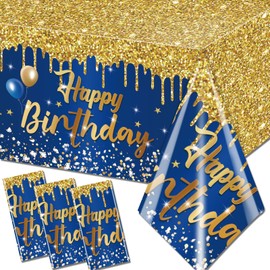 Happy Birthday Tablecloth,3pcs Navy Blue and Gold Table Cloths for Parties Glitter Birthday Decoration for Women Men’s 18th 21st 30th 40th 60th 70th Birthday Party Supplies