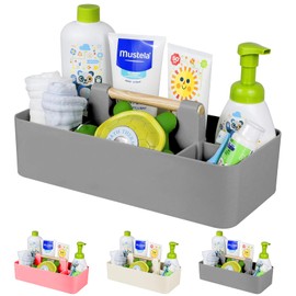 ChengFu Baby Shower Caddy Plastic Nursery Portable Storage Organizer Caddy Tote for Child/Kids, Divided Basket Bin with Wood Handle for Bathroom, Dorm Room, Holdsn Bottles, Spoons, Gray