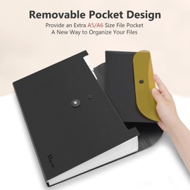 Uquelic A4 Expanding File Folder, 13 Pockets Accordion File Organiser with A5 Removable Receipt Pouch, Portable Document Filing Box, Paperwork Organiser Storage for Home Office School – Yellow