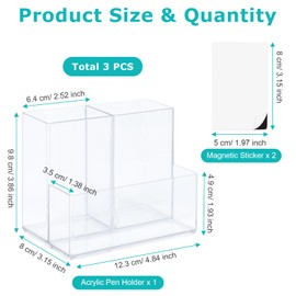 SAYEEC Acrylic Pen Holder Magnetic Dry Erase Marker Holder with 2 Magnet Sheets 3 Compartments Clear Desk Makeup Brush Organizer Pencil Cup Caddy for Fridge Whiteboard Lockers Cosmetic Office School