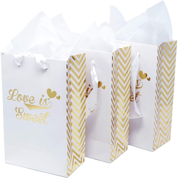 Paper Favor Gift Bags for All Events & Parties w/Satin Ribbon Handles + Decorative Tissue Paper, 24 Count (Love is Sweet)