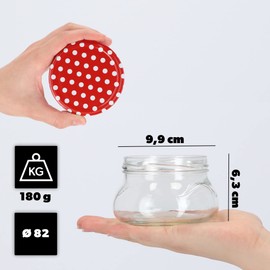 KADAX Small Mason Jars 300ml, Miniature Jars for Honey and Spices, Jam Jars with Lids, Airtight Jars for Gifting (Red Polka Dots, Pack of 10)
