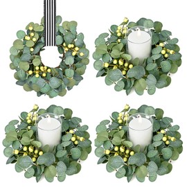 Waipfaru 4 Pcs Eucalyptus Wreath, Candle Rings Wreaths with Buffalo Plaid Ribbon, Small Mini Greenery Wreath, Spring Summer Wreaths for Wedding Farmhouse Kitchen Cabinet Table Centerpieces Decor
