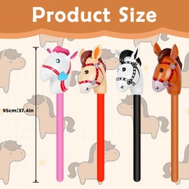 4 Pack Inflatable Horse Stick, Horse Head Stick Toys for Kids, Party Decorations for Horse Theme Birthday Party Supplies, Christmas Activities, 95 x 21 cm (Black Pink Red Brown)