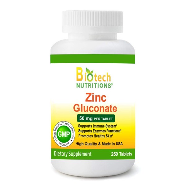 Biotech Nutritions Zinc Gluconate 50 mg 250 Tablets Made in USA Vegetarian/Vegan Zinc Gluconate