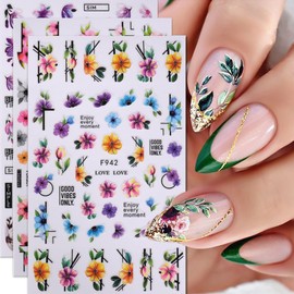 Flower Nail Stickers Spring Nail Art Stickers Classical Floral Nail Decals Blue Pink Flowers Nails Design Sticker 3D Self-Adhesive Nails Art Supplies DIY Finger Accessories for Women Manicure 6Pcs