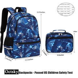 Octsky Kids Backpack for School Boys Backpack with Lunch Box Set Elementary Bookbag Backpack(Geom blue)