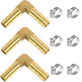 MSAEIQUN Brass Hose Barb,90 Degree L Right Angle Elbow Fitting 3/8" (10mm) Barb Splicer Mender with Stainless Steel Pipe Clamps air hose repair kit for Pipe Line/Fuel/Air (Pack of 3) (Elbow, 3/8 3pcs)