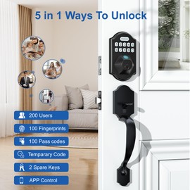Smart Deadbolt Fingerprint Door Lock - ENOKER 5 in 1 Keyless Entry Door Electronic Lock with Keypad, APP Control/100 Fingerprint/Passcode/Keys Biometric Digital Gate Front Door Lock for Home Office