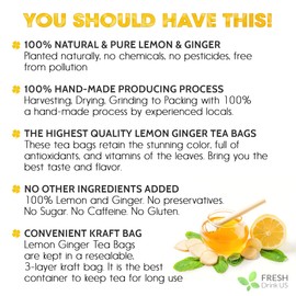 Premium 150 Lemon Ginger Tea Bags, 100% Natural Ingredients, Hand-made Blend of Lemon and Ginger Flowers, Eco-conscious Tea Bags. Lemon Ginger Herbal Tea. No Sugar, No Caffeine, No Gluten, Vegan.