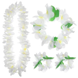 Abaodam Hula Dance Costume, Hawaiian Lei, Garland Set, High Density Artificial Flowers, White Headband Luau Beach, Sea Bathing, Resort, Commemorative Photography, Cosplay, 4 Piece Set, 115.00 x 10.00