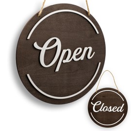 Wooden Open Closed Double Sided Hanging Sign (Design 2) - 11" Classy Round Circular Dark Wood Small Business Office Front Door Indicator Flip Signage with White Rope, Local Coffee Tea Cafe Restaurant