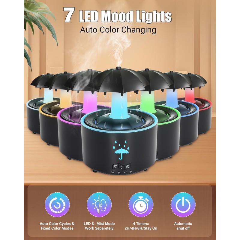 Aesthetic 2-in-1 Humidifier Oil Diffuser with Rotating Raindrop & 7