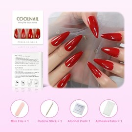 Coolnail Glossy Red Press on False Nails Medium Long Stiletto Fake Nails Salon Nail Art Tips for Daily DIY at home