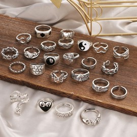 Hifot 29 Pieces Y2K Rings for Women Men Gothic Emo Rings Silver Set, Punk Grunge Vintage Rings Heart, Snake Flower Butterfly Yin Yang Skull Frog Y2K Accessories Jewellery, Metal, No Gemstone