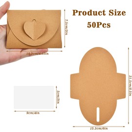 Pack of 50 Kraft Paper Envelopes with 50 Blank Card Set, Small Envelopes, Mini Kraft Paper Envelopes with Heart Closure for DIY Thank You Cards, Invitations, Birthday Cards