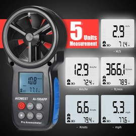 AIOMEST Digital Anemometer AI-100APP Wind Speed Measuring Device Android/iPhone Compatible W/Data Logging for Air Flow Velocity Wind Temperature Wind Chill Gauge Tester