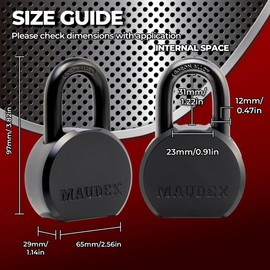 Maudex® PML65 Professional Grade Padlock - High Security with Boron Alloy Shackle, All-Weather Protection, 5 Brass Keys. for Storage Units, Gates & Commercial Security