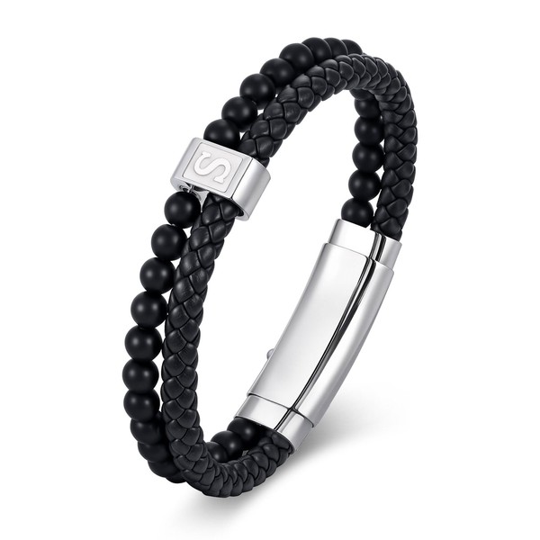 FLHEART Initial Black Leather Bracelet for Men, A-Z Letters Agate