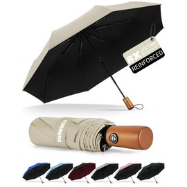Yoobure Windproof Travel Umbrella with Wood Handle, Automatic Umbrellas for Rain & UV Sun Protection, Compact 46" Large Canopy, Lightweight Backpack Portable for Walking & Outdoor