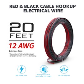 MADCATZ 20 Ft-12 AWG Hookup Electrical LED Strips 2 Conductor Parallel 30A, Red Black Cable, 12V/24V Flexible Wire Extension Cord for Ribbon Lamp Tape Lighting, Low Voltage (1 PC)