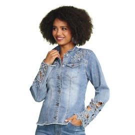 Masseys Women's Rhinestone Cutout Denim Jacket, L, Medium Wash