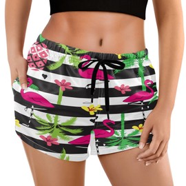 visesunny Women's Board Shorts Red Flamingo Pineapple Black White Stripe Floral Summer Beach Swim Shorts with Pockets Bathing Suits