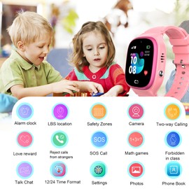 Kids Smart Watch LBS Tracker,Life Waterproof Smartwatches for Children Kids with Call Camera SOS Anti-Lost Math Game Touch Screen Game Alarm for Boys and Girls (Pink)