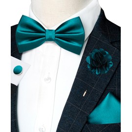 RBOCOTT Teal Blue Bow Tie for Men Silk Bowtie and Pocket Square with Lapel Pin Cufflinks Set (33)