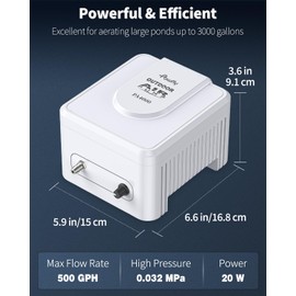 Pawfly Pond Air Pump 500 GPH Outdoor Oxygen Pump for Fish Koi Ponds up to 3000 Gallons Adjustable Pond Garden Aerator Pump Kit with Airline Tubing Control Lever Valves Air Stones and Check Valves