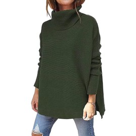 ASKSA Women's Turtleneck Oversized Sweaters Fall Long Batwing Sleeve Jumper Spilt Hem Tunic Pullover Sweater Knit Tops(Army Green,XXL)